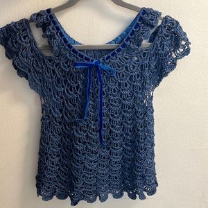Deluxe crochet blouse size S/M blue hand made with bamboo cotton